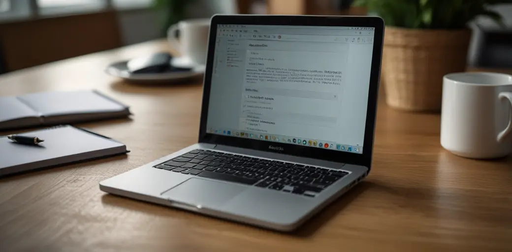 Ein Laptop, daneben ein Notizbuch mit abgeschlossenen Aufgaben und eine Tasse Kaffee, vor einer entspannten Kulisse.