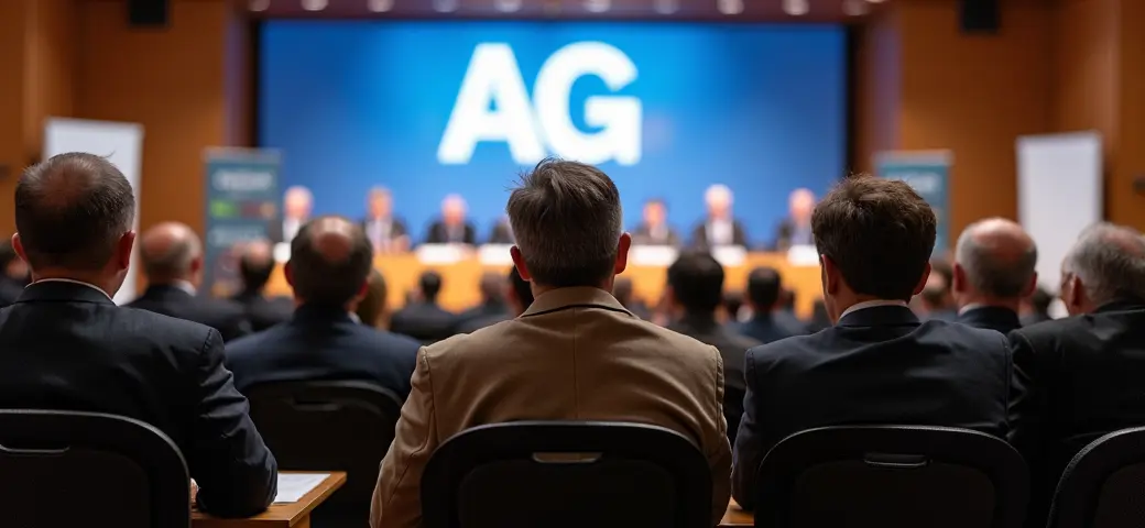 Hauptversammlung einer Aktiengesellschaft (AG) mit Aktionären im Saal, die dem Vorstand zuhören, während Präsentationen und das Unternehmenslogo auf der Bühne sichtbar sind.