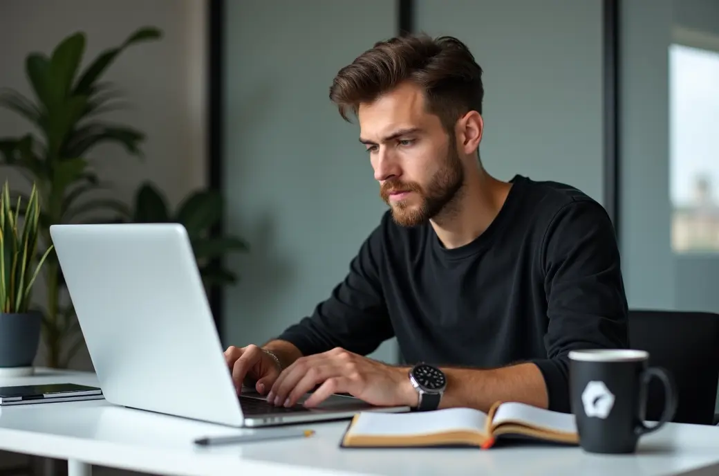 Ein junger Unternehmer arbeitet intensiv an seinem Laptop, um sein eigenes Unternehmen zu gründen. Er sitzt an einem sauberen Schreibtisch in einem minimalistischen Büro und hat ein Notizbuch, einen Stift und einen Kaffeebecher in der Nähe.