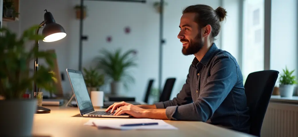 Einzelunternehmer arbeitet an einem Laptop in einem modernen Büro, umgeben von persönlichen Gegenständen und Unternehmensunterlagen.