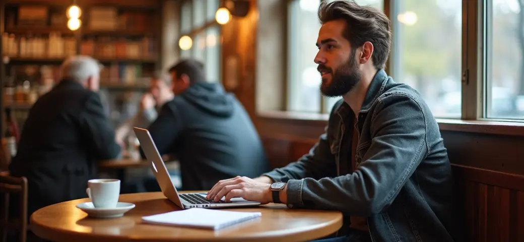 Freiberufler arbeitet an einem Laptop in einem Café, umgeben von einer Tasse Kaffee und Notizblättern.