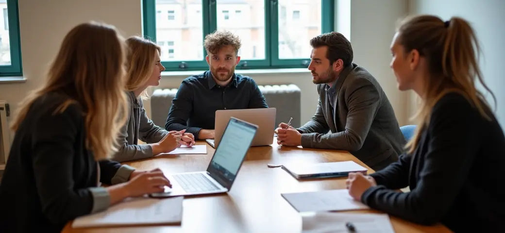 Gruppe von Personen in einem Besprechungsraum, die gemeinsam an einem Projekt arbeiten und aktiv diskutieren, um die Zusammenarbeit in einer Gesellschaft bürgerlichen Rechts (GbR) zu verdeutlichen.