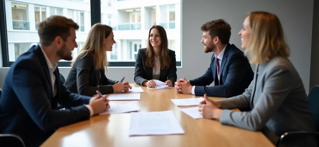 Eine Besprechung zwischen den Gesellschaftern einer GmbH & Co. KG in einem modernen Konferenzraum. Auf dem Tisch liegen Verträge und Präsentationen, während die Teilnehmer aktiv diskutieren und Ideen austauschen.