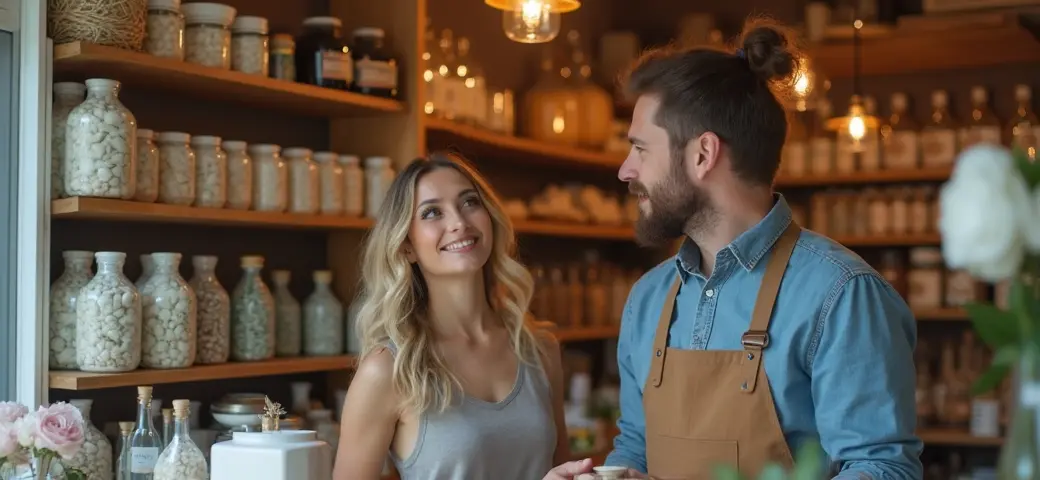 Kleinunternehmer im Gespräch mit einem Kunden in einem liebevoll dekorierten kleinen Laden mit verschiedenen Produkten.