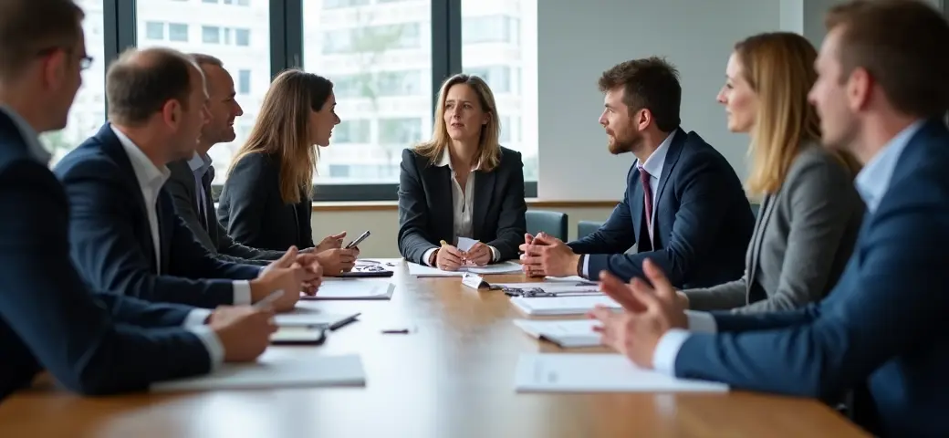 Besprechung zwischen Komplementären und Kommanditisten einer Kommanditgesellschaft (KG) in einem Konferenzraum, umgeben von Verträgen und Finanzunterlagen.