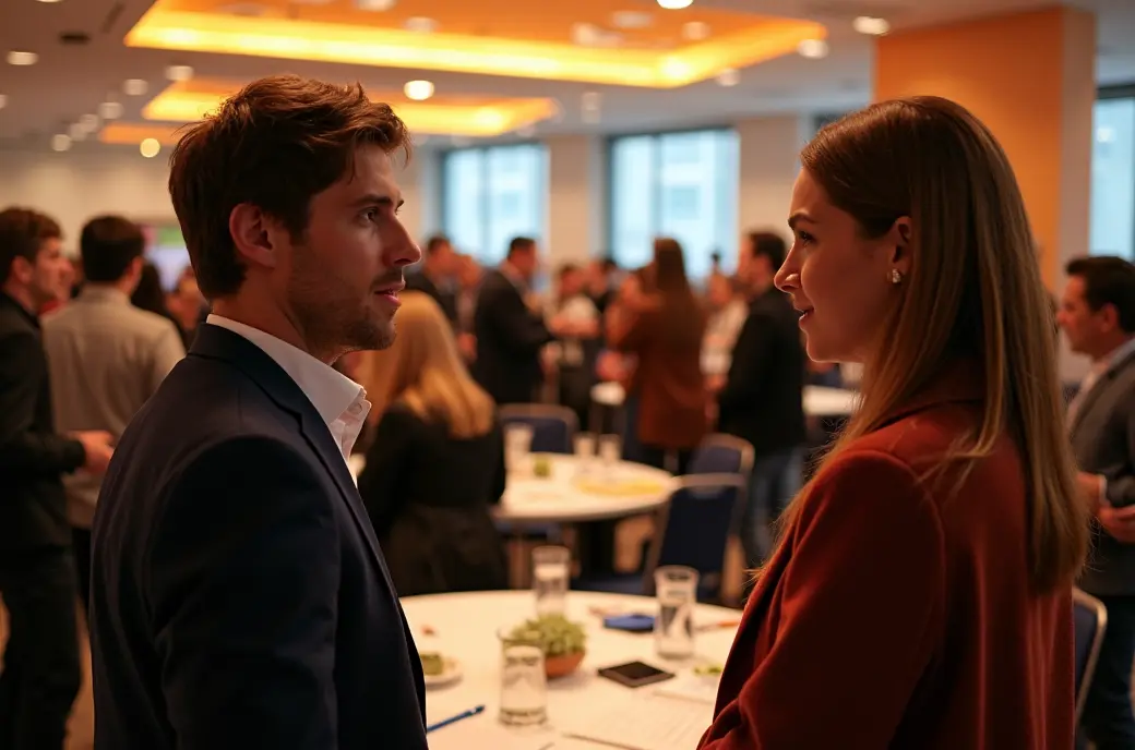 Ein moderner Konferenzraum, in dem Menschen an einem Networking-Event teilnehmen. Zwei Personen im Vordergrund, die miteinander sprechen, symbolisieren das Networking für Introvertierte. Im Hintergrund sind weitere Teilnehmer in Gespräche vertieft. Die Szene vermittelt eine professionelle, aber entspannte Atmosphäre, ideal für den Aufbau von beruflichen Kontakten.