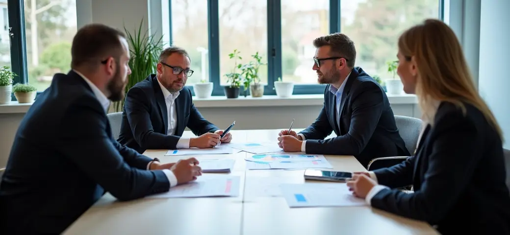 Team von Geschäftsführern in einem modernen Büro, das strategische Pläne für ihre Offene Handelsgesellschaft (OHG) bespricht.