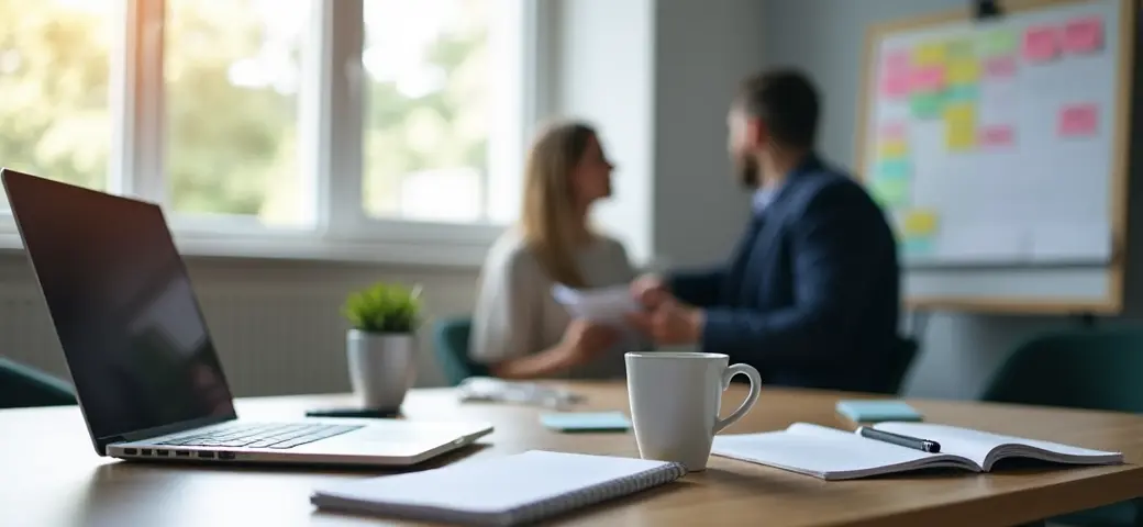 Aufgeräumter Schreibtisch mit Laptop, Notizbüchern und Dokumenten – symbolisiert die Bedeutung, während der Selbstständigkeit Fehler durch gute Organisation und Planung zu vermeiden.