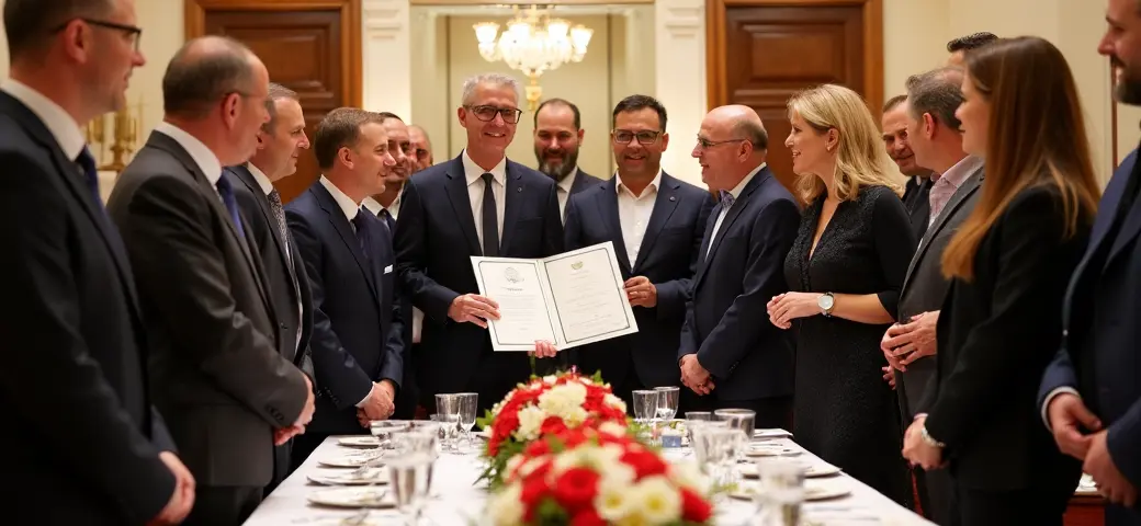 Eine feierliche Veranstaltung zur Gründung einer Stiftung, bei der die Gründer und Unterstützer in einem eleganten Saal zusammenkommen. Auf einem Tisch stehen eine Urkunde und Blumenarrangements, während die Anwesenden sich unterhalten.