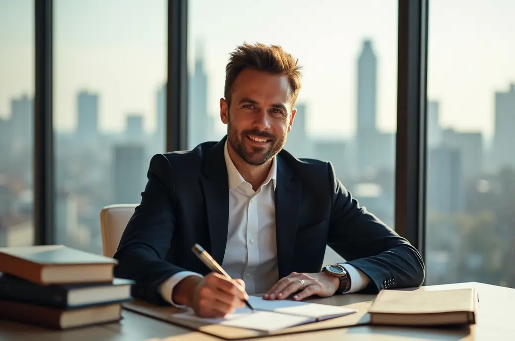 Ein konzentrierter Unternehmer sitzt an einem Schreibtisch mit Notizbuch und Büchern über Persönlichkeitsentwicklung, während er eine neue Idee festhält. Im Hintergrund erhellt eine Skyline das moderne Büro.