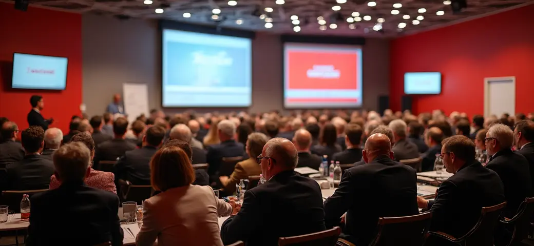 Eine Versammlung von Mitgliedern eines Versicherungsvereins auf Gegenseitigkeit (VVaG), die in einem großen Saal sitzen und an einer Diskussion über die zukünftige Ausrichtung des Vereins teilnehmen. Auf der Bühne sind Präsentationen und das Logo des Vereins sichtbar.